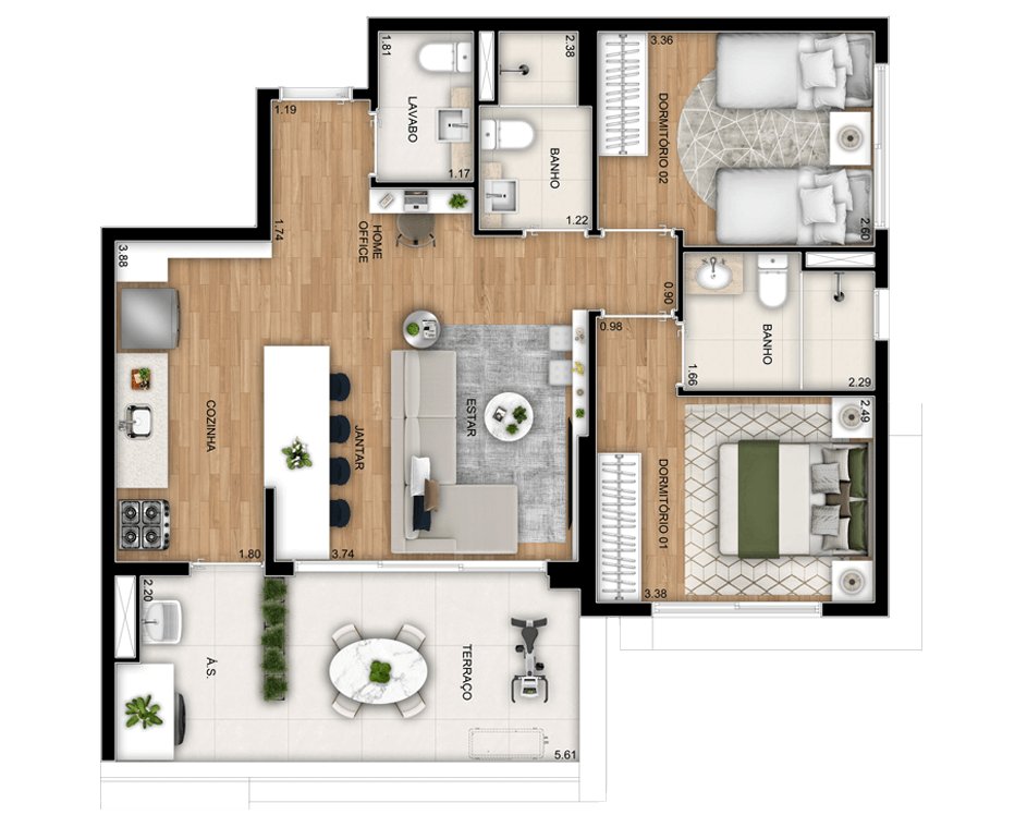 Planta 01 - 2 dorm 74m²
