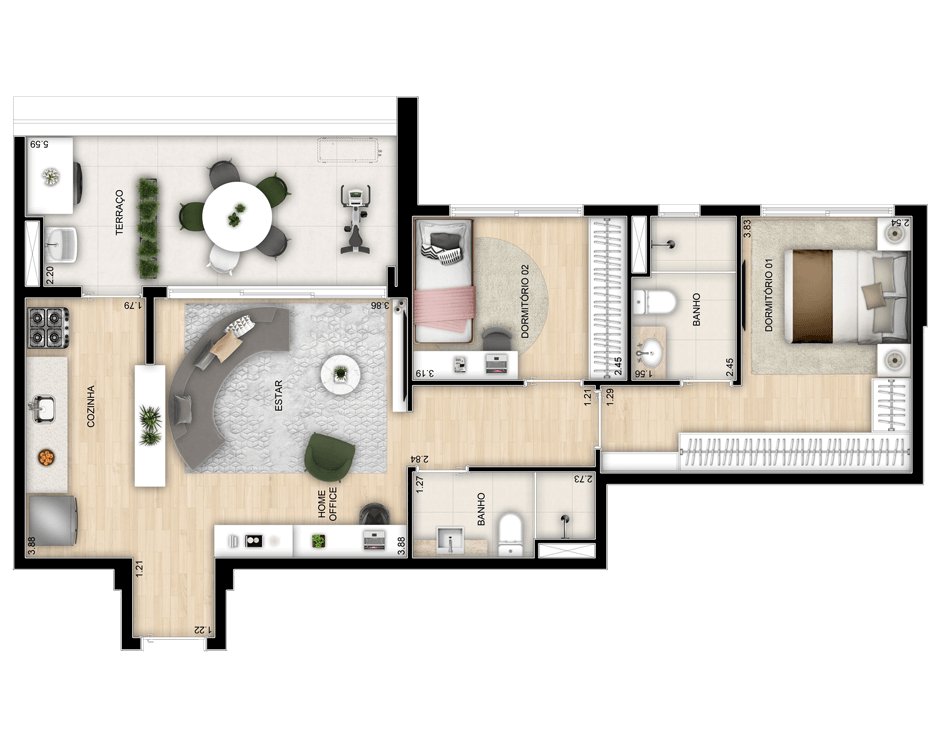 Planta 02 - 2 dorm 77m²