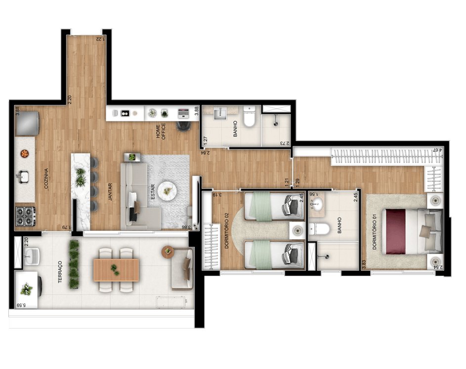 Planta 03 - 2 dorm 79m²