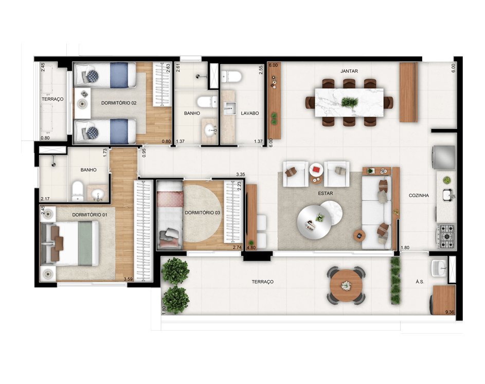 Planta 04 - 3 dorm 109m²
