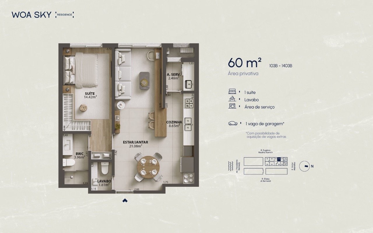 Planta humanizada apartamento final 03B - 1 suíte (imagem ilustrativa - mobiliário não incluído)