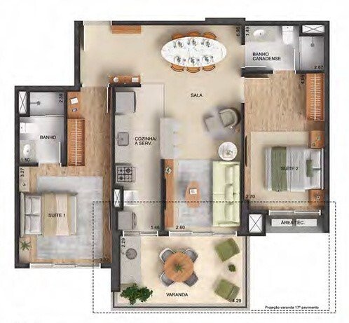 Planta 03 - 2 dorm 87,09m²