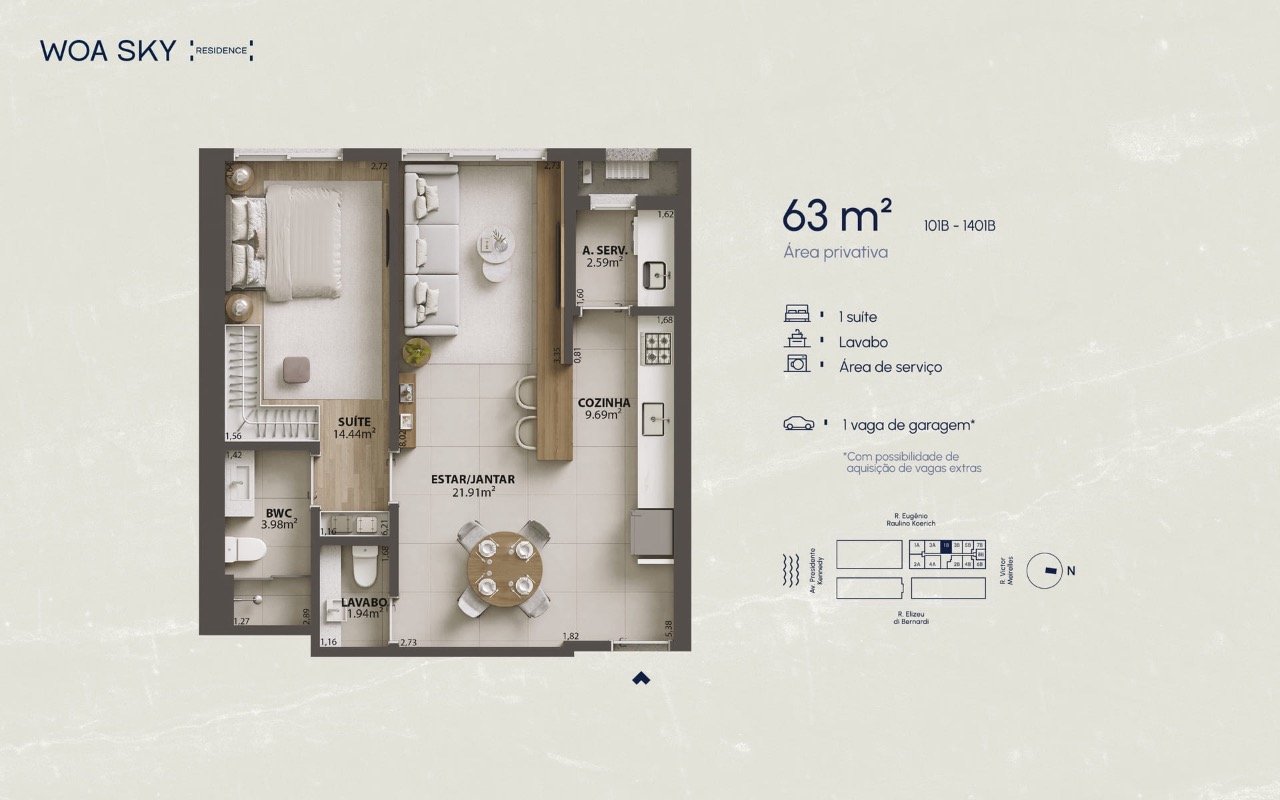 Planta humanizada apartamento final 01B - 1 suíte (imagem ilustrativa - mobiliário não incluído)