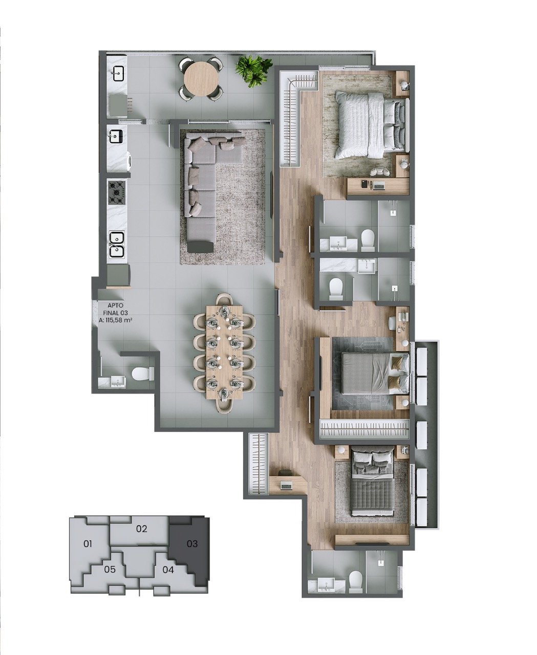 Planta humanizada final 03 - 3 suítes (imagem ilustrativa - mobiliário e decoração não incluídos)