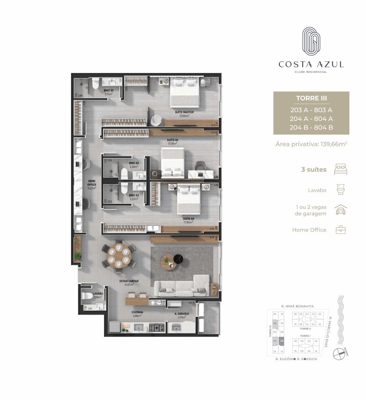 Planta humanizada final 03A, 04A e 04B Torre III (imagem ilustrativa - mobiliário não incluído)