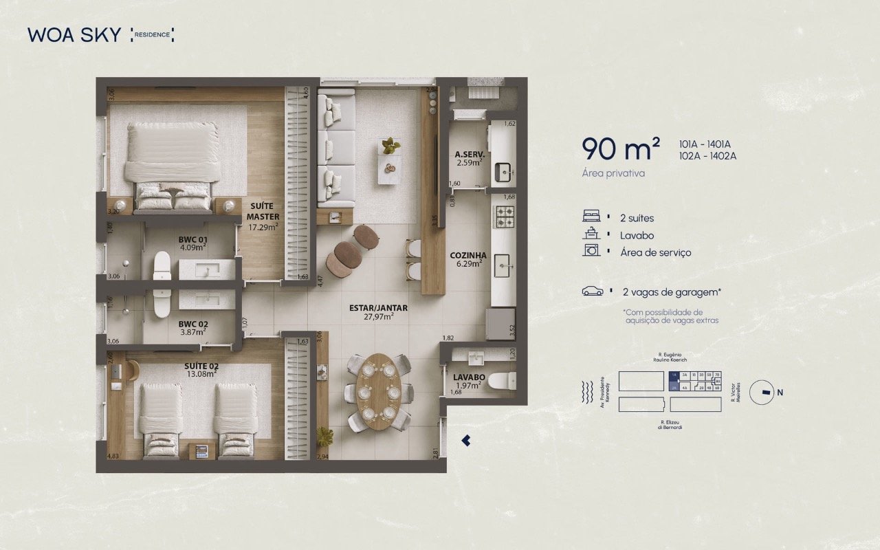 Planta humanizada apartamento final 01A - 2 suítes (imagem ilustrativa - mobiliário não incluído)