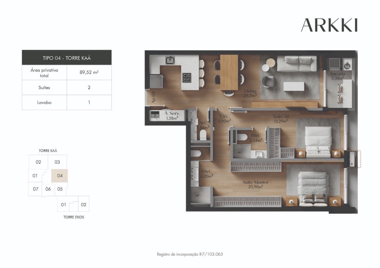 Planta humanizada final 04 Torre Kaá - imagem ilustrativa, mobiliário não incluído