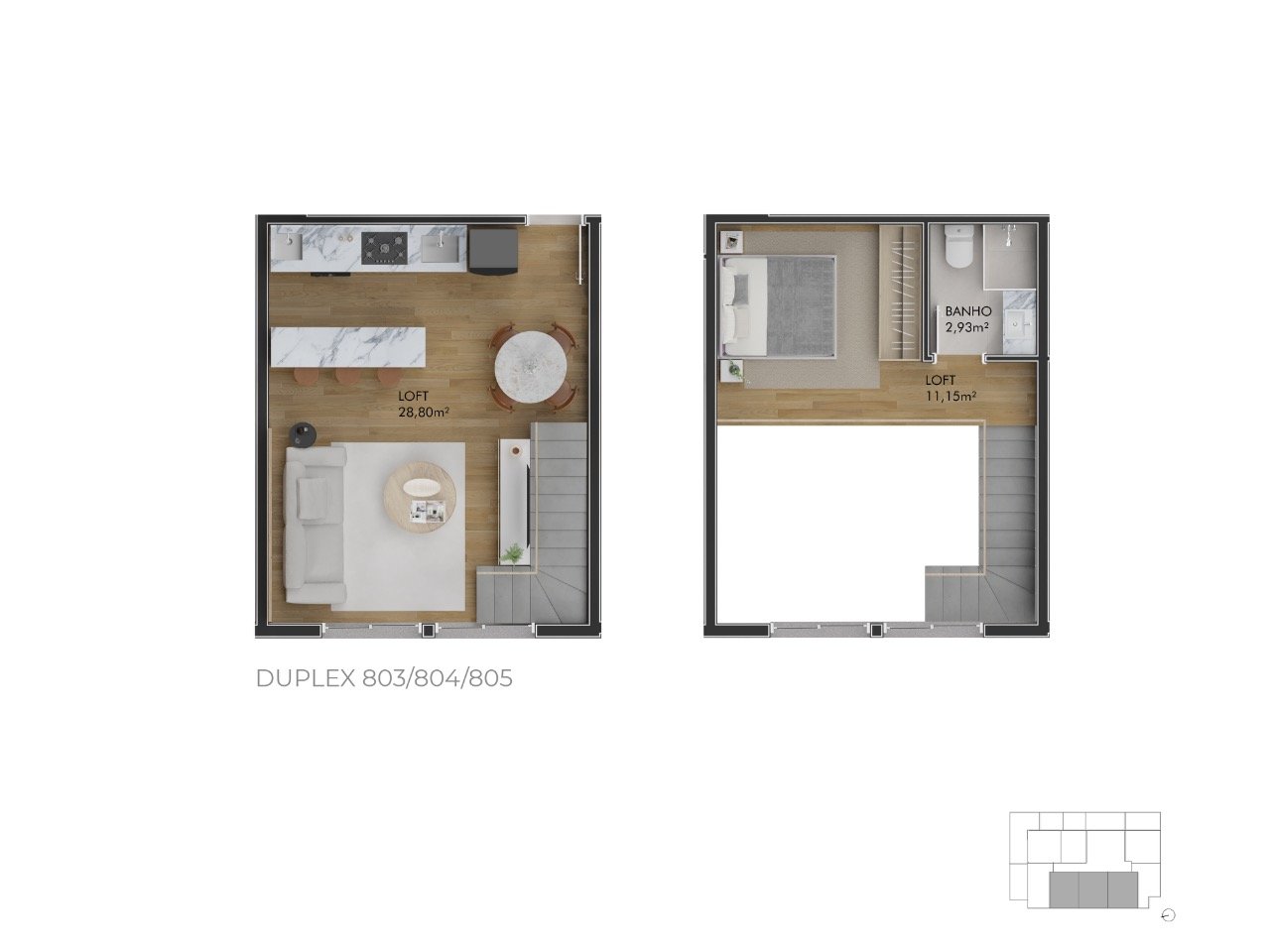Planta humanizada loft 805 - imagem ilustrativa, mobiliário não incluído