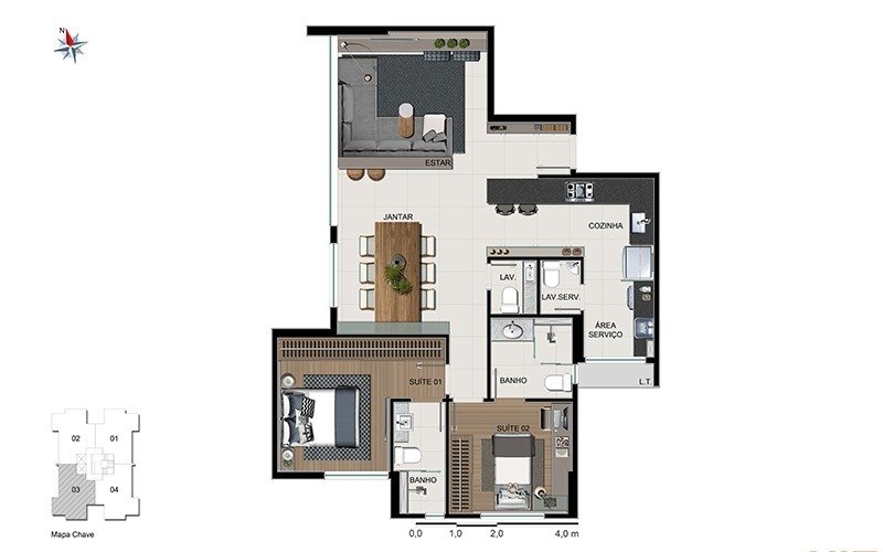 Apartamento-Tipo-2-Quartos-_-Area-83-m²-_-.2-suites-_-.Lavabo-_-.Sala-estendida-_-