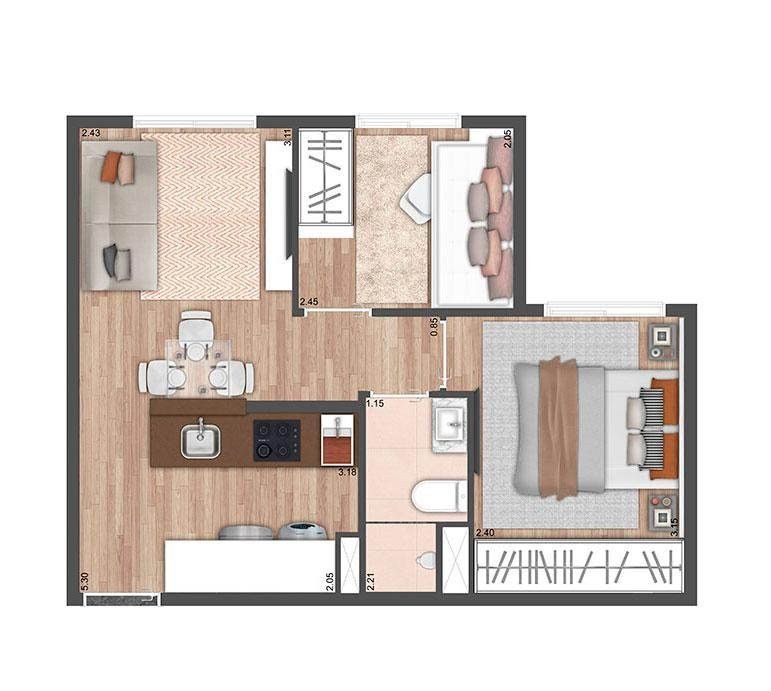 Planta 01 - 2 dorm 34m²
