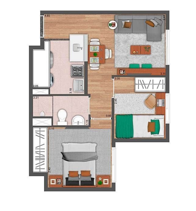 Planta 02 - 2 dorm 35m²