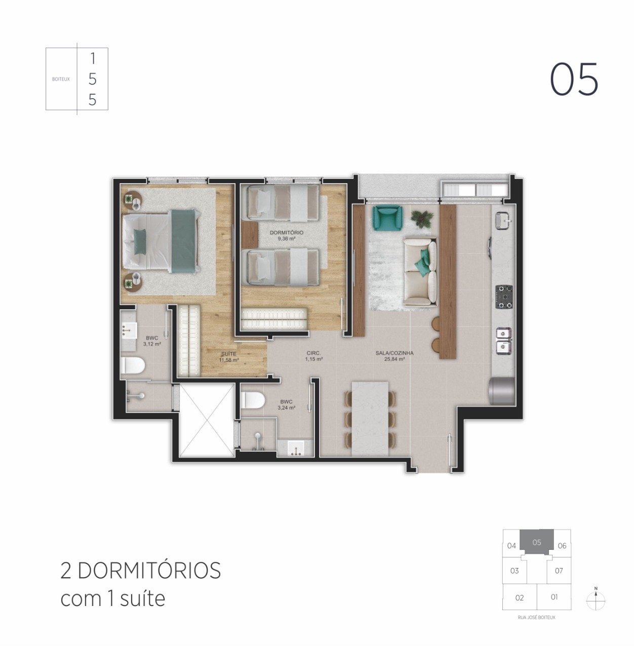 Planta humanizada final 05 - 2 dormitórios (imagem ilustrativa - mobiliário não incluído)