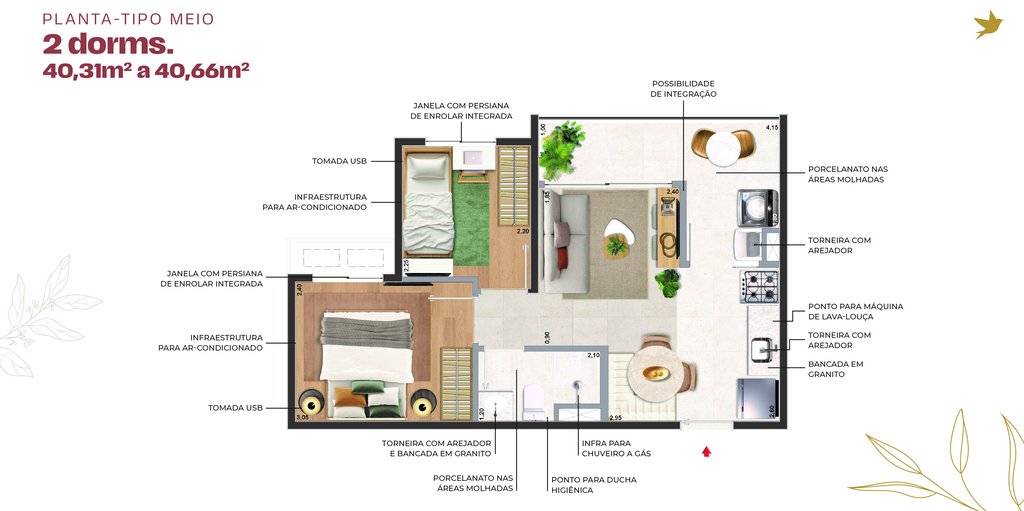 Planta Tipo Meio - 40,31m² a 40,66m²