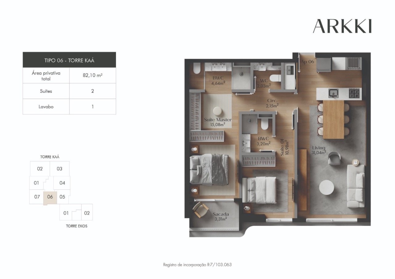 Planta humanizada final 06 Torre Kaá - imagem ilustrativa, mobiliário não incluído
