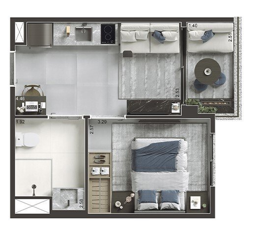 Planta 01 - 1 dorm 28,67m²