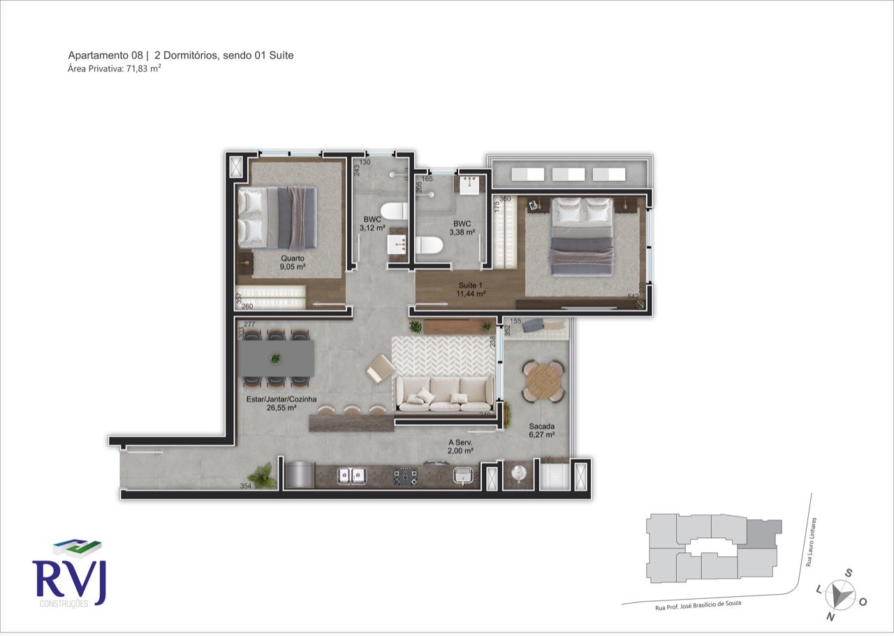 Planta humanizada final 08 - 2 dorms (imagem ilustrativa - mobiliário e decoração não incluídos)