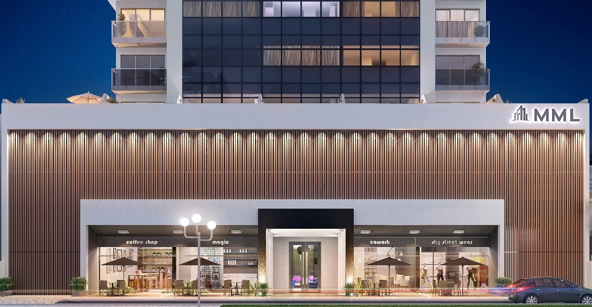 ##empreendimento_01## Fachada com lojas comerciais e destaque para o Brizze Metálico