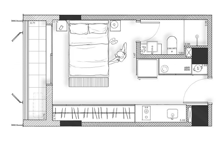 Planta 01 - 1 dorm 25m² - studio
