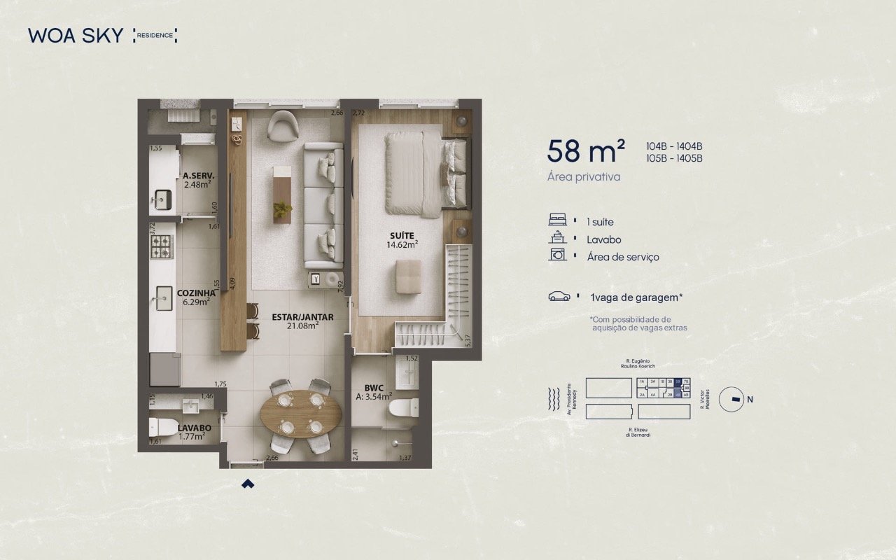 Planta humanizada apartamento final 04B - 1 suíte (imagem ilustrativa - mobiliário não incluído)