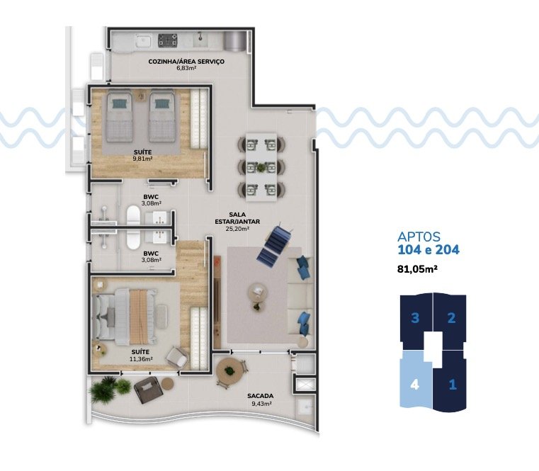 Planta humanizada final 04 Torre B (imagem ilustrativa - mobiliário não incluído)