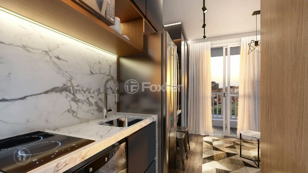 cozinha-moderna-com-bancada-de-marmore-e-armarios-escuros