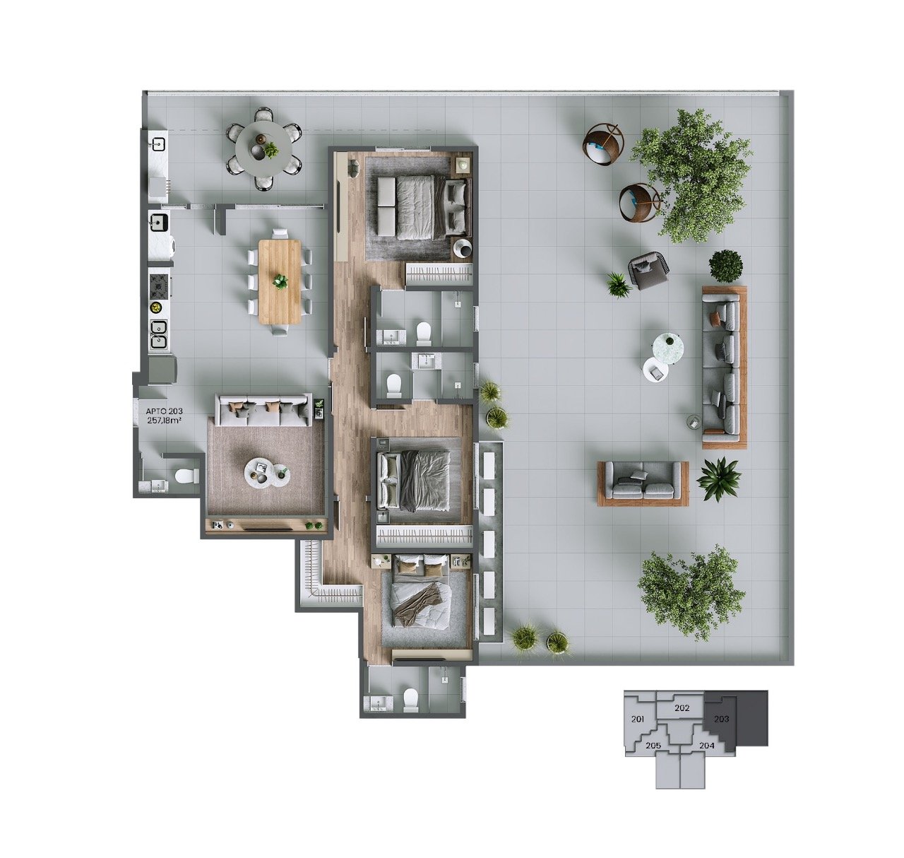 Planta humanizada final 03 - 3 suítes (imagem ilustrativa - mobiliário e decoração não incluídos)