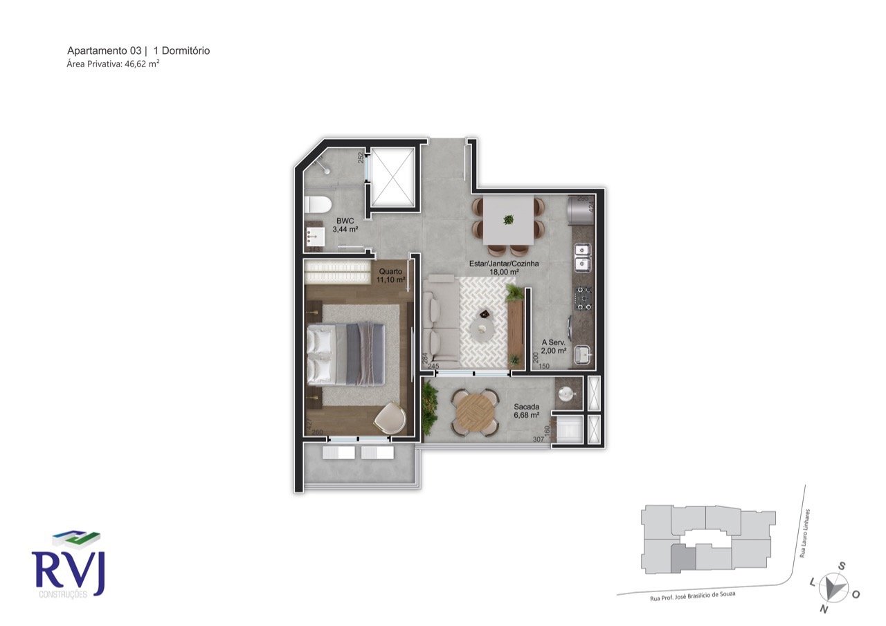 Planta humanizada final 03 - 1 dorm (imagem ilustrativa - mobiliário e decoração não incluídos)
