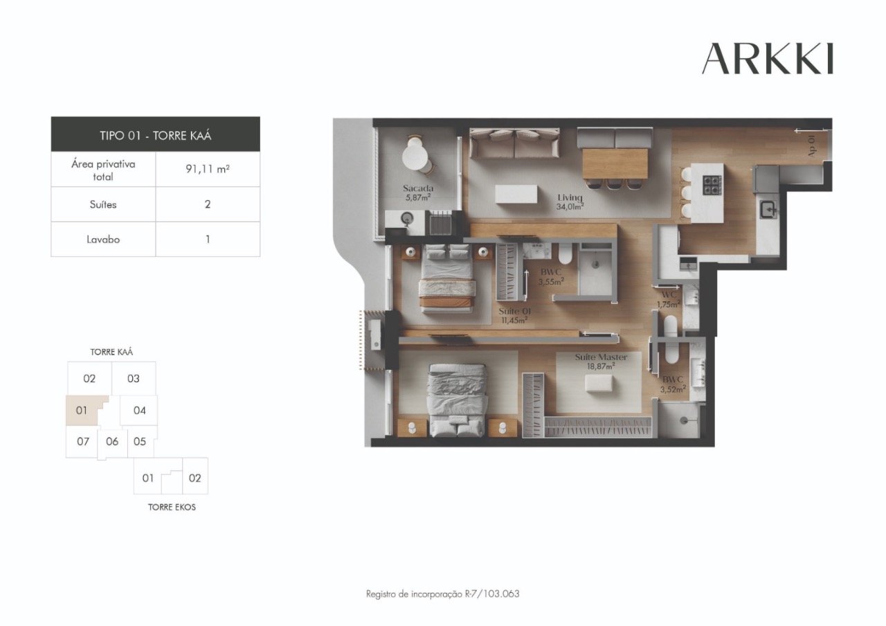 Planta humanizada final 01 Torre Kaá - imagem ilustrativa, mobiliário não incluído