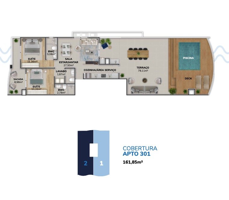Planta humanizada cobertura 301 Torre B (imagem ilustrativa - mobiliário não incluído)