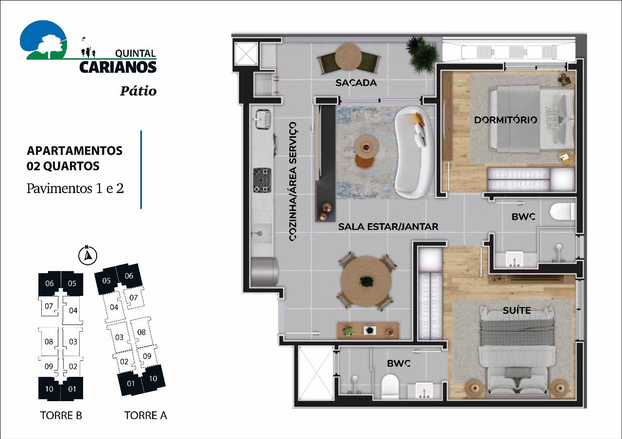 Planta humanizada final 1 - 2 quartos (imagem ilustrativa - mobiliário e decoração não incluídos)