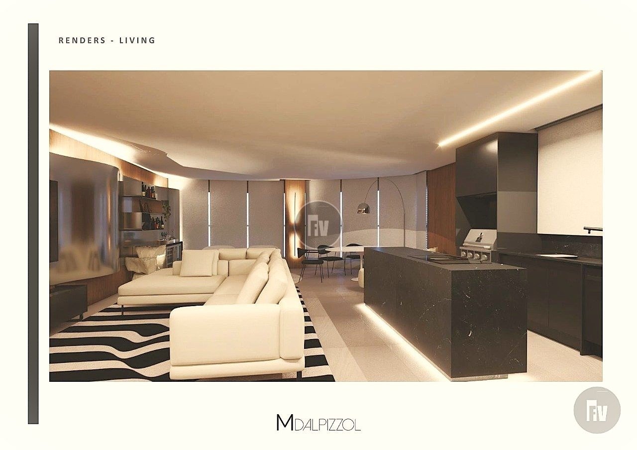 184 m² útil
5 banheiros
3 vagas
4 suítes
Living e dormitórios com vista panorâmica para o mar.