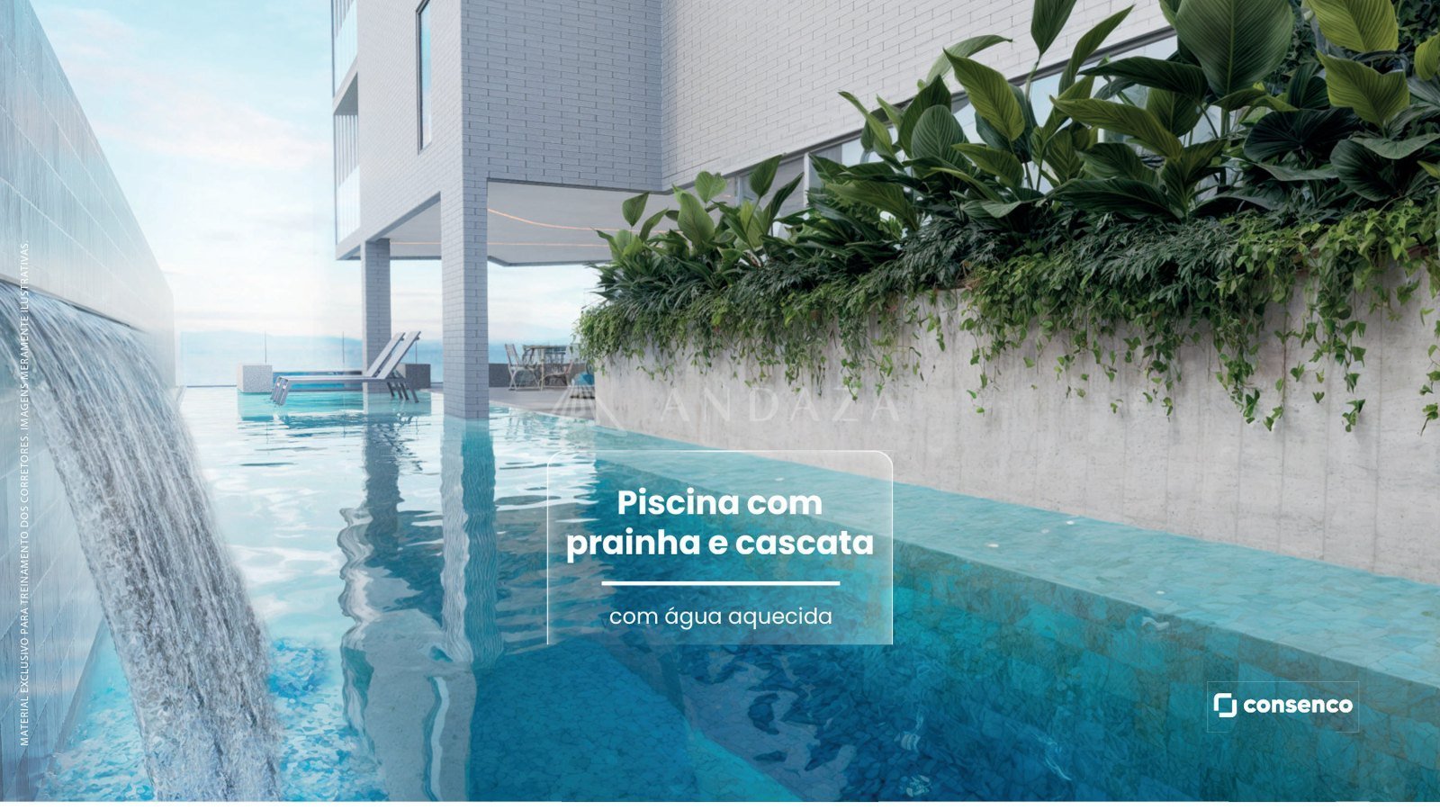 Piscina aquecida com prainha e cascata - perspectiva ilustrada